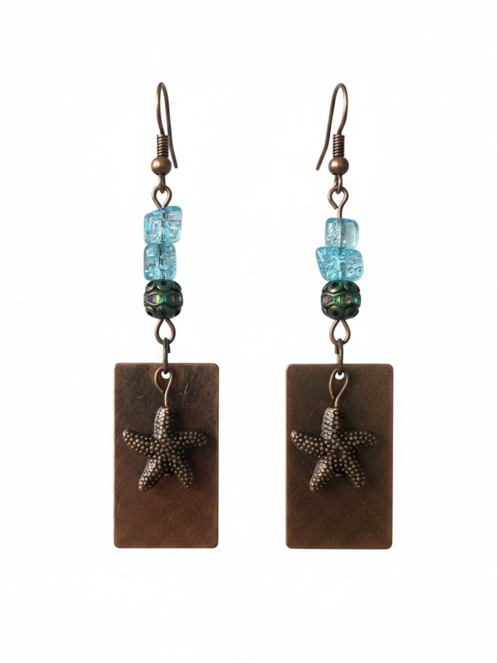 Copper Starfish Charm Earrings with Aqua Glass and Rhinestone  Beads